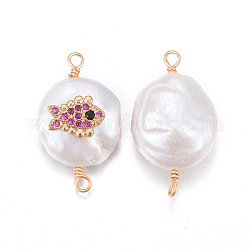 Connettori di collegamenti di perle naturali, con ottone cubic zirconia risultati, pepite di pesce, oro, rosa antico, 18~27x11~16x5~12mm, Foro: 1.6~2 mm