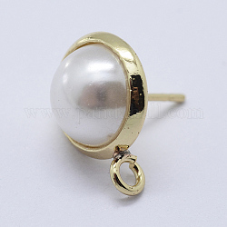 Brass Stud Earring Findings, with Loop, Acrylic Pearl, Golden, 16x12mm, Hole: 2mm, Pin: 0.8mm