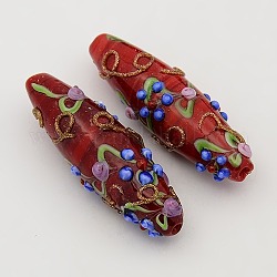 Fait main bosselées perles de riz de Murano brins, avec motif de fleurs, rouge, 40~45x13~15mm, Trou: 2mm, Environ 7 pcs/chapelet, 12 pouce