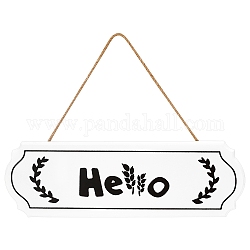 CREATCABIN Hello Sign Natural Wood Door Hanging Decoration for Front Door Decoration, with Jute Twine, Rectangle, White, 24.8cm, Rectangle: 9.6x29.7x0.8cm