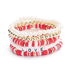 Ensemble de bracelets extensibles en perles heishi en argile polymère faits à la main, mot d'amour bracelets de perles acryliques, bracelets de perles naturelles et de perles d'hématite synthétiques pour femmes, rouge, diamètre intérieur: 2-1/8~2-3/8 pouce (5.5~6 cm), 5 pièces / kit