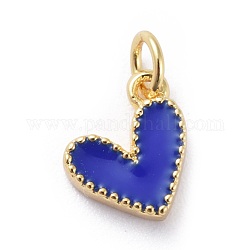 Breloques d'émail, avec les accessoires en laiton, cœur, véritable 18k plaqué or, bleu foncé, 9x7x2.5mm, Trou: 2.5mm