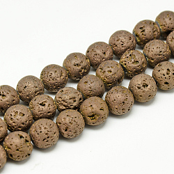 Galvanoplastie des brins de perles de pierre de lave naturelle, Style mat, ronde, cuivre plaqué, 8x8.5mm, Trou: 1mm, Environ 48 pcs/chapelet, 15.3 pouce