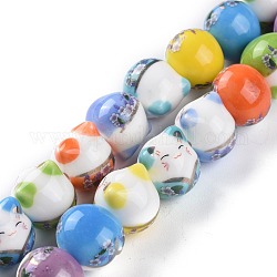 Handgemachte Porzellan Perlen gedruckt, Glückskatze mit Blumenmuster, Farbig, 15 mm, Bohrung: 2.3 mm, ca. 25 Stk. / Strang, 13.58'' (34.5 cm)