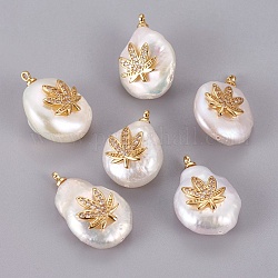 Natural Cultured Freshwater Pearl Pendants, with Brass Cubic Zirconia Cabochons, Long-Lasting Plated, Nuggets with Pot Leaf/Hemp Leaf Shape, Weed Charms, Real 18K Gold Plated, 21~23x14~15x7~11mm, Hole: 1.4~1.5mm