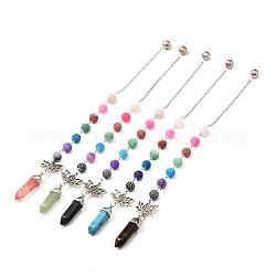 Natural & Synthetic Mixed Stone Chakra Pointed Dowsing Pendulums, Lotus with Aum ibetan Style Alloy Pendants, with 304 Stainless Steel Findings, Mixed Natural Weathered Agate Beads and Brass Filigree Beads, 235mm