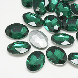 Cabochons en verre avec strass de dos avec point, dos plaqué, facette, ovale, med.emerald, 12x10x5mm