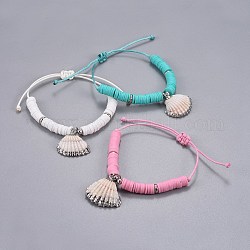 Bracelets coréens tressés en corde de polyester ciré, avec des perles heishi en pâte polymère, accessoires de coquille et en laiton, couleur mixte, 1-1/8 pouce ~ 3-1/4 pouces (2.7~8.2 mm)