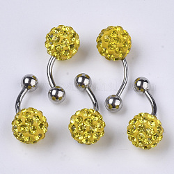 Stainless Steel Body Jewelry, Belly Rings, with Polymer Clay Rhinestones, Round Ball Curved Barbell Navel Rings, Light Topaz, 25~29.5x10mm, Bar Length: 1/2