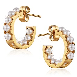 Aretes con forma de C y perlas de concha, 430 pendientes de medio aro de acero inoxidable para mujer, dorado, 15x4mm, pin: 1 mm
