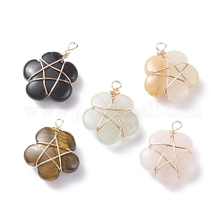 Natural Gemstone Pendants, with Copper Wire Wrapped, Flower, Golden, 23.5~26x20x8~9.5mm, Hole: 2mm