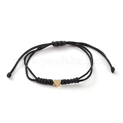 Bracelets de perles tressées en fil de nylon réglable unisexe, avec des perles coeur en laiton doré, noir, diamètre intérieur: 5/8~3-1/2 pouce (1.5~9 cm)