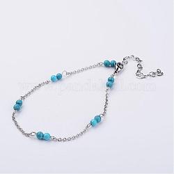 Bracelets de cheville avec chaîne en 304 acier inoxydable, avec des perles turquoises synthétiques, 9-1/4 pouce (235 mm)