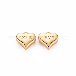 Charms in ottone, nichel libero, per San Valentino, cuore con la parola 4evr (che rappresenta per sempre), vero placcato oro 18k, 9.5x10x4mm, Foro: 1.2 mm