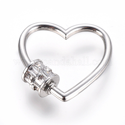 Brass Micro Pave Cubic Zirconia Screw Carabiner Lock Charms, for Necklaces Making, Heart, Clear, Platinum, 23x23x2~5.5mm