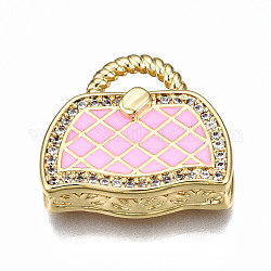 Brass Micro Pave Cubic Zirconia Enamel Pendants, Nickel Free, Bag, Real 16K Gold Plated, Pink, 17.5x19x5mm, Hole: 3x6mm