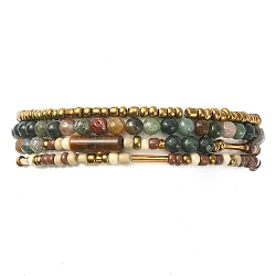 4Pcs 4 Style Natural Indian Agate & Tiger Eye & Seed Beaded Stretch Bracelets Set, Stackable Bracelets, Inner Diameter: 2-1/8 inch(5.4cm), 1Pc/style