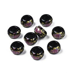 Perline di rondelle in acrilico opaco con stampa floreale, perline con foro grande, nero, 15x9mm, Foro: 7 mm