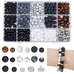 Nbeads bricolage perles fabrication de bijoux kit de recherche, comprenant des perles rondes de pierres précieuses mélangées naturelles et synthétiques, bails en tube plastique ccb, Perles séparateurs en laiton avec strass, 6~8.5x3~8.5mm, Trou: 1~1.5mm, 435 pcs / boîte