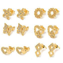 Light Gold Brass Micro Pave Cubic Zirconia Stud Earrings for Women, Mixed Shapes, 11~15.5x10~14mm
