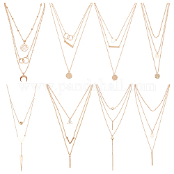 Anattasoul 8 stücke 8 stil legierung kabelketten 3 schicht halsketten set, Dreieck & Stab & Horn & Ring Charms stapelbare Halsketten für Damen, golden, 14.17 Zoll (36 cm) ~ 18.31 Zoll (46.5 cm), 1pc / style