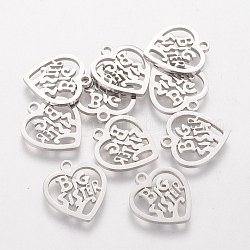 201 Stainless Steel Charms, Heart with Phrase Big Sister, Stainless Steel Color, 15x13.7mm