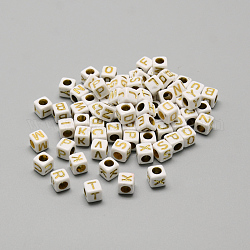 Beschichtung Acryl-Perlen, goldenen Metall umschlungen, horizontales Loch, gemischten Buchstaben, Würfel, golden, 5.5~6x5.5~6x5.5~6 mm, Bohrung: 3.5 mm