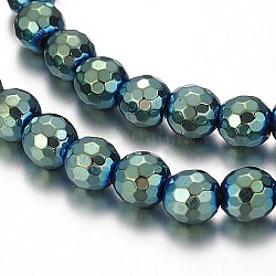 Electroplated Non-magnetic Synthetic Hematite Round Beads Strands, Faceted, Green Plated, 6mm, Hole: 1mm, about 71pcs/strand, 15.7 inch