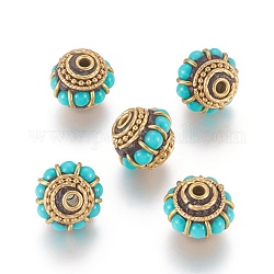 Perles Indonésiennes manuelles, avec les accessoires en laiton, sans nickel, rondelle avec cercle, non plaqué, turquoise, 13x10mm, Trou: 2mm