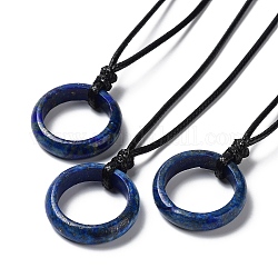 Natural Lapis Lazuli Ring Pendant Necklace with Waxed Cords, 29.53~29.92 inch(75~76cm), Pendant: 26x6mm
