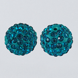 Pave Disco Ball Beads, Polymer Clay Rhinestone Beads, Round, Blue Zircon, 10mm, Hole: 1.5mm