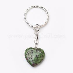 Natural Ruby in Zoisite Keychain, with Iron Key Clasp, Heart, Platinum, 70mm, Heart: 21~21.5x20~20.5x6mm