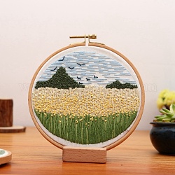 DIY Flower and Mountain Embroidery Kit, Including Imitation Bamboo Frame, Iron Pins, Cloth, Colorful Threads, Wheat, 213x201x9.5mm, Inner Diameter: 183mm