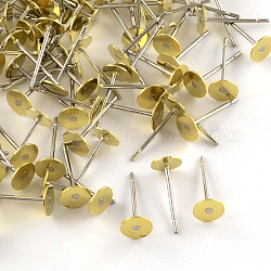 304 Stainless Steel Stud Earring Settings with Flat Round Brass Heads, Raw(Unplated), Nickel Free, Tray: 5mm, 12x5mm, Pin: 0.8mm