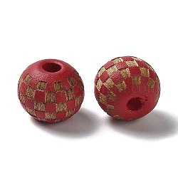 Деревянные бусины в клетку тартан с лазерной гравировкой, круглые, окрашенные, для diy craft, темно-красный, 9.5~10x8.5 мм, отверстие : 3 мм
