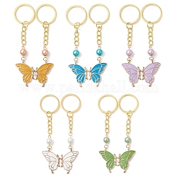 5 paire de porte-clés en alliage émaillé papillon de 5 couleurs, avec des perles de verre et des porte-clés fendus en fer, couleur mixte, 10 cm, 1 paire / couleur