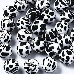 Perlas de silicona ecológicas de grado alimenticio, masticar cuentas para mordedores, impreso, redondo con patrón de cebra, negro, 12x11.5mm, agujero: 2.5 mm