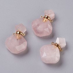 Pendentifs de flacon de parfum en quartz rose naturel losange, avec accessoires en 304 acier inoxydable, facette, or, 26~27x17~17.5x8~8.5mm, Trou: 1.4mm, capacité: environ 2 ml (0.06 oz liq.)