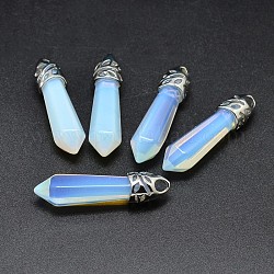 Bullet Platinum Plated Alloy Opal Pointed Pendants, Cadmium Free & Lead Free, 33~40x8~9mm, Hole: 3x4mm