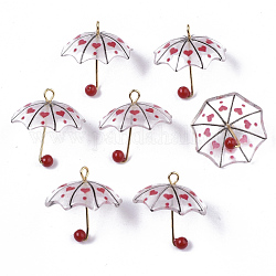 Colgantes de acrílico impresos, con perla de imitación de plástico abs y presillas de latón dorado, paraguas con patrón de corazón, rojo, 20~21x20x20mm, agujero: 1.6 mm