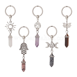 Double Terminated Pointed Bullet Gemstone Pendant Keychain, with 304 Stainless Steel Split and Alloy Findings, Sun/Lotus/Tree of Life/Moon/Hamsa Hand, 9.2~116.5cm