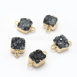 Natural Druzy Quartz Links connectors, with Brass Findings, Square, Golden, Black, 14~18x9~10x6~8mm, Hole: 2mm