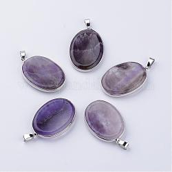 Natural Amethyst Massage Pendants, with Brass Findings, Oval, Platinum, 40x26~27x5~6mm, Hole: 6x3mm