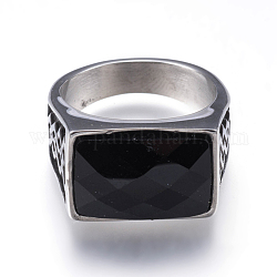 304 Edelstahl-Breitbandringe, mit natürlichem schwarzem Achat, Rechteck, Antik Silber Farbe, Größe 9, 19 mm