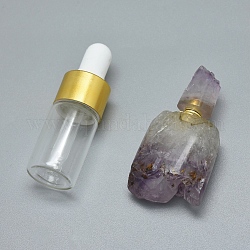 Pendenti di bottiglia di profumo apribile ametista naturale, con reperti in ottone e bottiglie di olio essenziale di vetro, 39~49x19~23x13~16mm, Foro: 0.8 mm, capacità della bottiglia di vetro: 3 ml (0.101 once fluide), capacità della pietra preziosa: 1 ml (0.03 once fluide)
