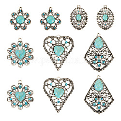 10 pièces 5 styles de pendentifs teints en turquoise synthétique, avec les accessoires de strass en alliage, sans plomb et sans cadmium, argent antique, 29.5~47x22.5~38x6~7.5mm, Trou: 2~2.2mm, 2 pièces / style