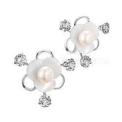 SHEGRACE Beautiful Rhodium Plated 925 Sterling Silver Ear Studs, Conch Flower with Freshwater Pearl and Cubic Zirconia, Platinum, 11mm