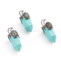 Synthetic Turquoise Pointed Big Pendants, with Gunmetal Tone Brass Pendant Bails and Natural Labradorite, Bullet, 52~54x20x22~23mm, Hole: 8x5mm