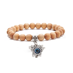 Bracelet extensible rond en perles de bois naturel, lotus en alliage avec résine mauvais œil charme bracelet de yoga pour les femmes, Pérou, diamètre intérieur: 2-1/4 pouce (5.7 cm)