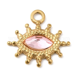 18 colgantes de acero inoxidable chapados en oro real de 304k, con vidrio, charms de los ojos de los caballos, rosa perla, 17.5x18.5x3~3.5mm, agujero: 2.2 mm